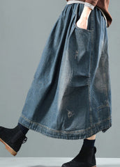 Casual Blue Elastic Waist Pockets Patchwork Fall Denim Skirt