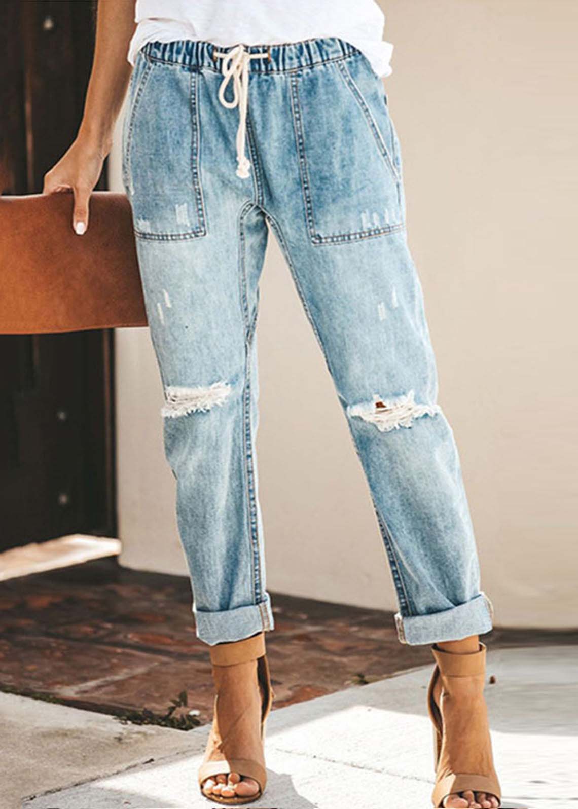 Casual Blue Elastic Waist Ripped Denim Harem Pants