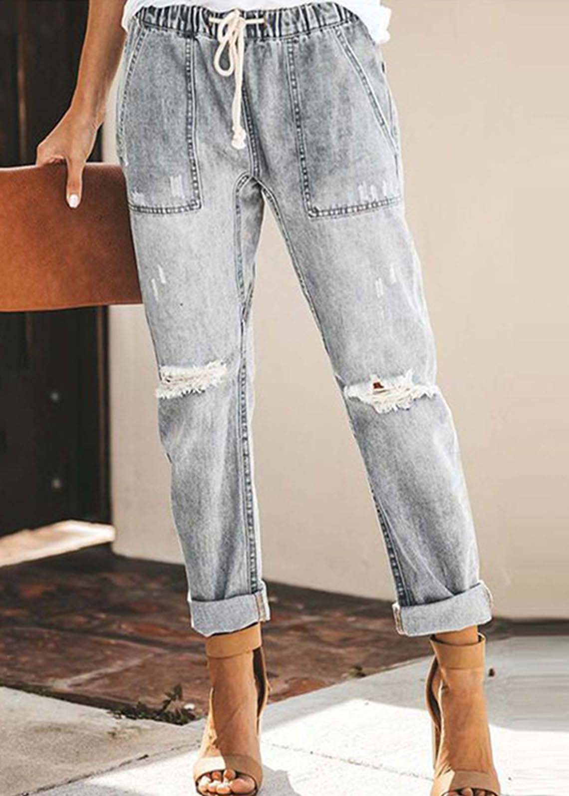 Casual Blue Elastic Waist Ripped Denim Harem Pants