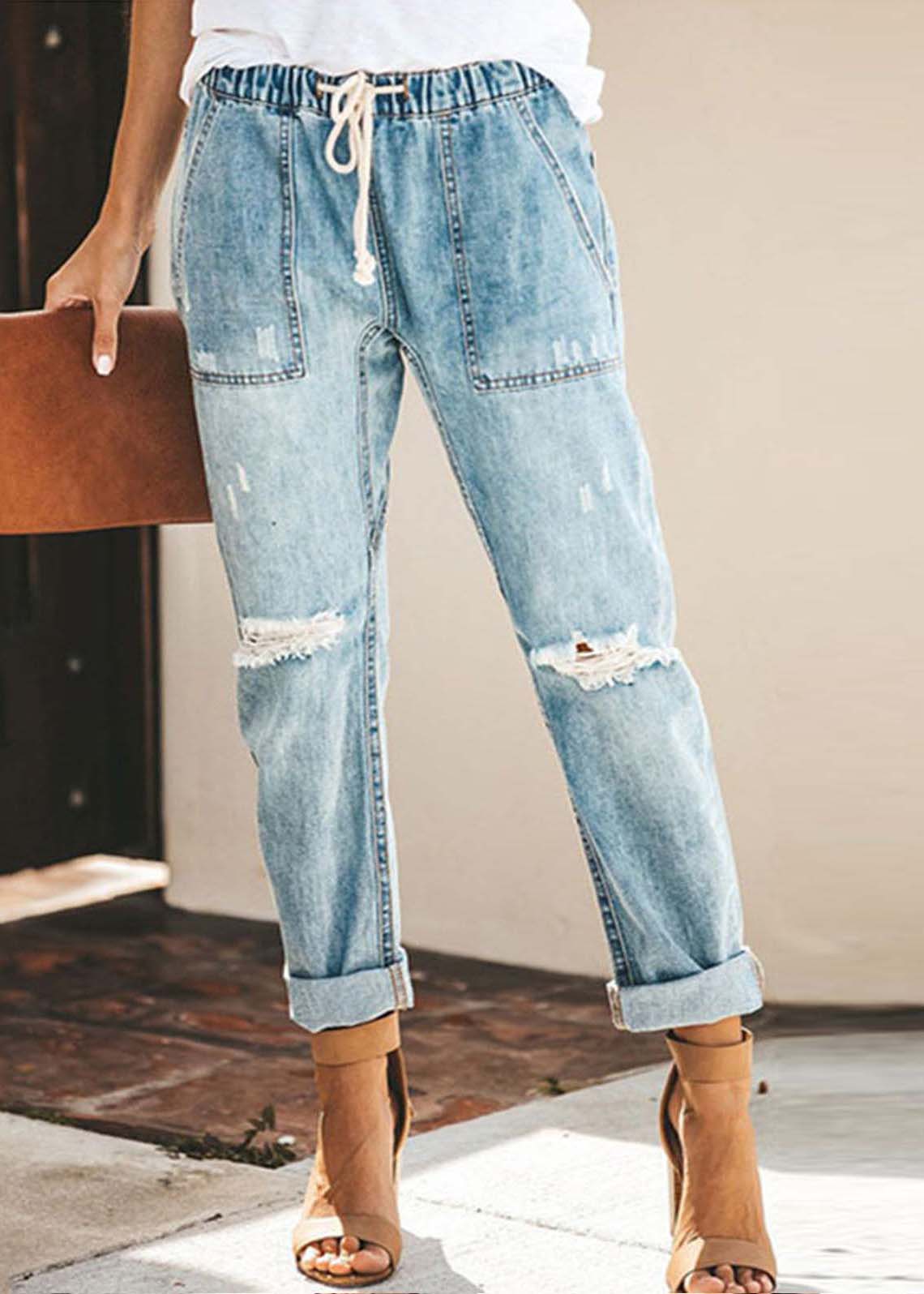 Casual Blue Elastic Waist Ripped Denim Harem Pants