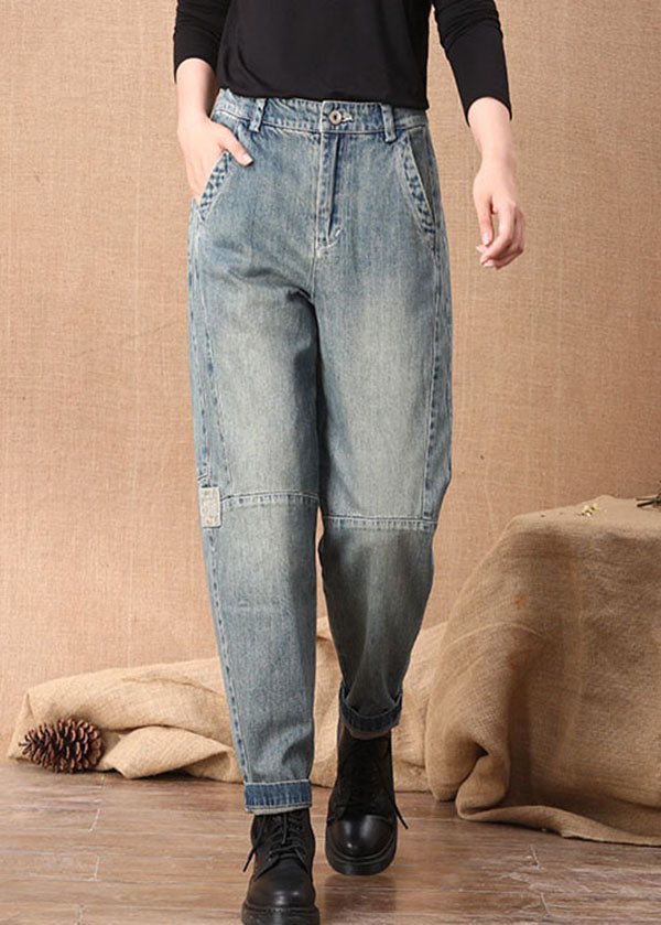 Casual Blue High Waist Button Pockets Patchwork Cotton Denim Pants