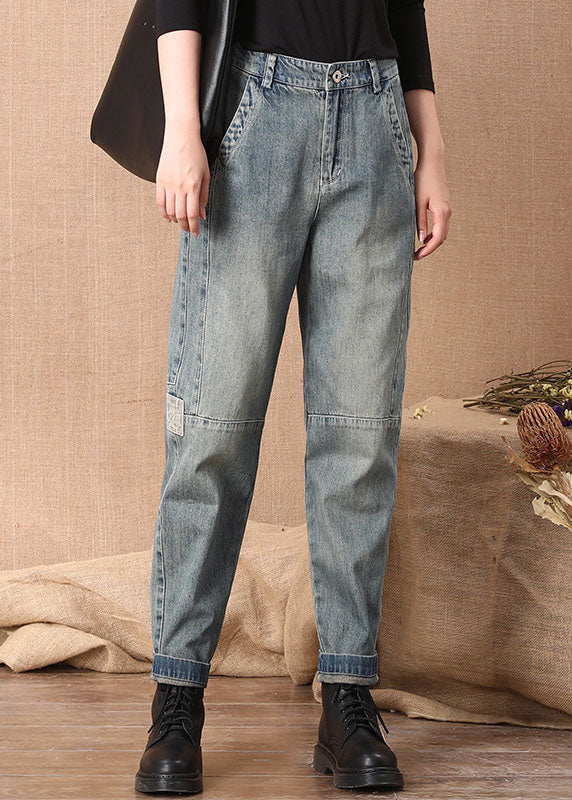 Casual Blue High Waist Button Pockets Patchwork Cotton Denim Pants