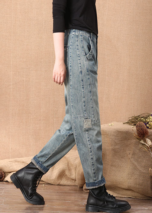 Casual Blue High Waist Button Pockets Patchwork Cotton Denim Pants