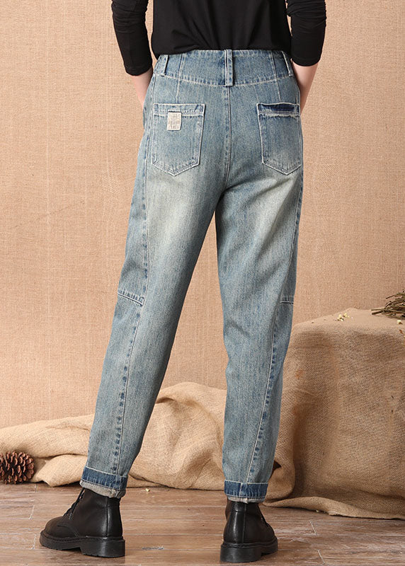 Casual Blue High Waist Button Pockets Patchwork Cotton Denim Pants