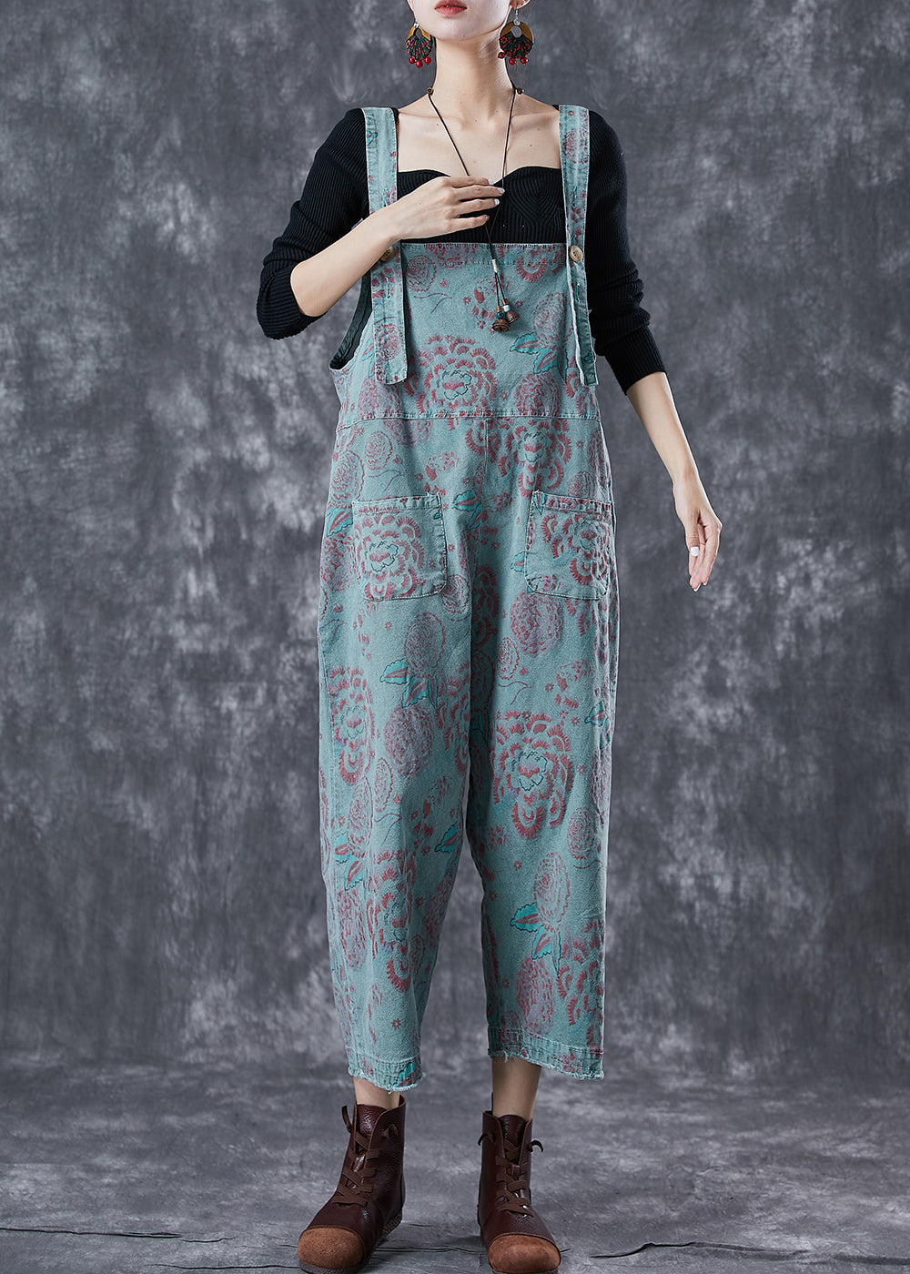 Casual Blue Oversized Print Denim Jumpsuits