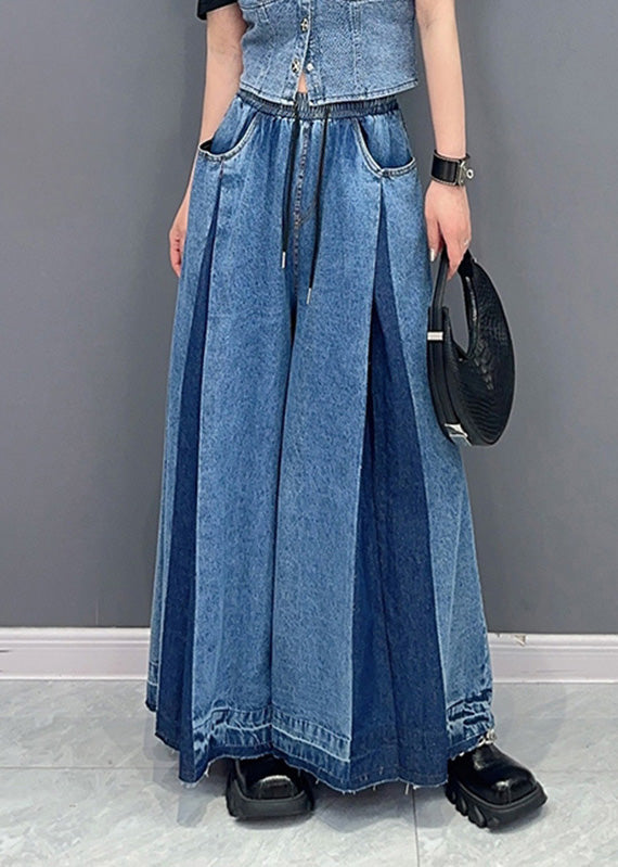 Casual Blue Patchwork Drawstring Elastic Waist Denim Wide Leg Pants