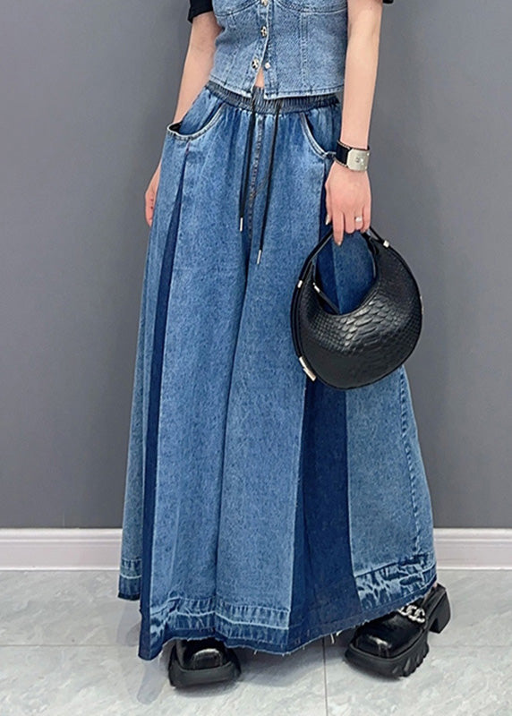 Casual Blue Patchwork Drawstring Elastic Waist Denim Wide Leg Pants