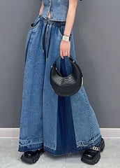 Casual Blue Patchwork Drawstring Elastic Waist Denim Wide Leg Pants