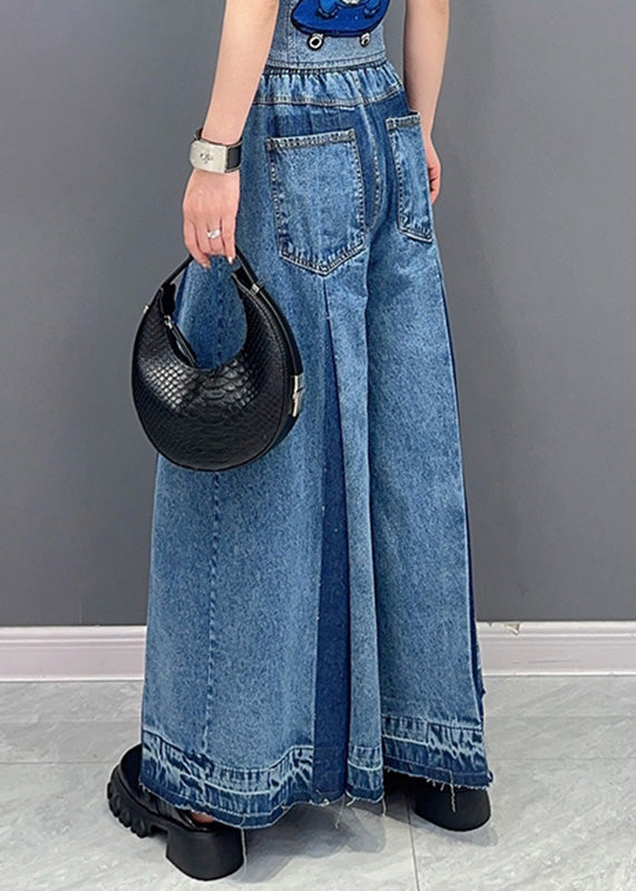 Casual Blue Patchwork Drawstring Elastic Waist Denim Wide Leg Pants