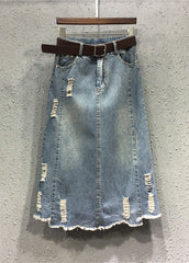 Lässiger blauer Patchwork-Jeansrock mit elastischer Taille und Schärpen in A-Linie