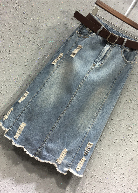 Lässiger blauer Patchwork-Jeansrock mit elastischer Taille und Schärpen in A-Linie