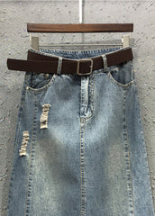 Lässiger blauer Patchwork-Jeansrock mit elastischer Taille und Schärpen in A-Linie