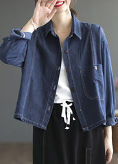 Casual Blue Peter Pan Collar Patchwork Button Denim Coats