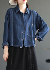 Casual Blue Peter Pan Collar Patchwork Button Denim Coats