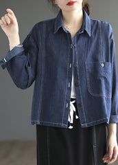 Casual Blue Peter Pan Collar Patchwork Button Denim Coats