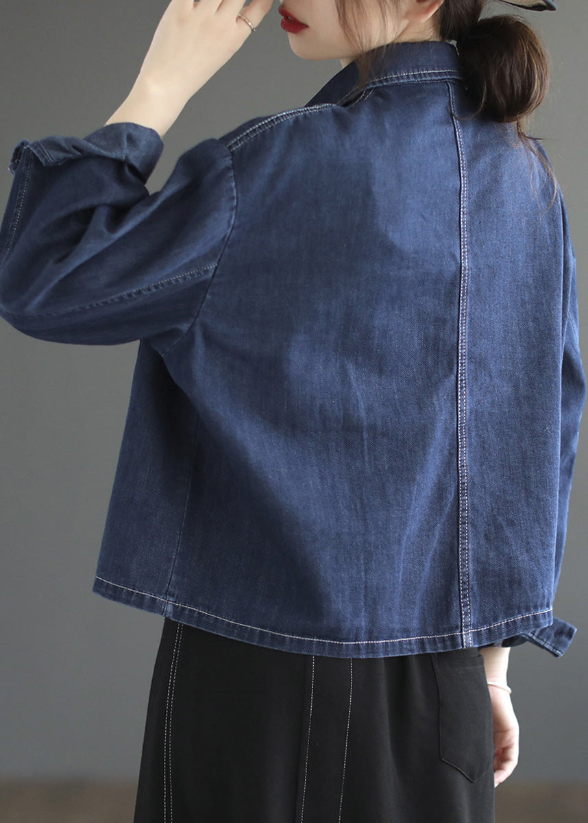 Casual Blue Peter Pan Collar Patchwork Button Denim Coats