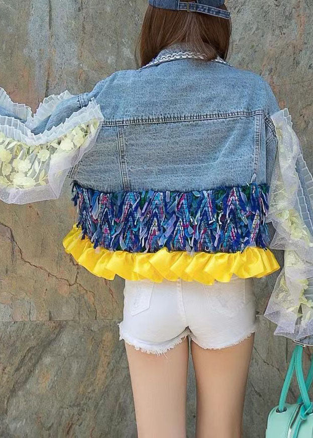 Abrigo informal de mezclilla de manga larga con cuello Peter Pan azul, botones y patchwork con lentejuelas para otoño