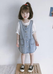 Casual Blue Pockets Button Patchwork Denim Kids Girls Dress Two Piece Set