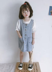 Casual Blue Pockets Button Patchwork Denim Kids Girls Dress Two Piece Set