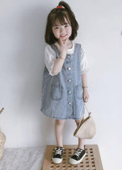 Casual Blue Pockets Button Patchwork Denim Kids Girls Dress Two Piece Set