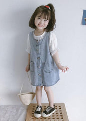 Casual Blue Pockets Button Patchwork Denim Kids Girls Dress Two Piece Set