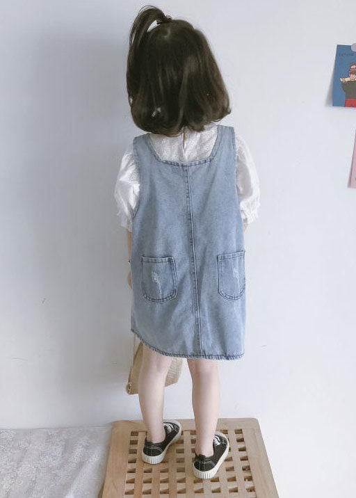 Casual Blue Pockets Button Patchwork Denim Kids Girls Dress Two Piece Set