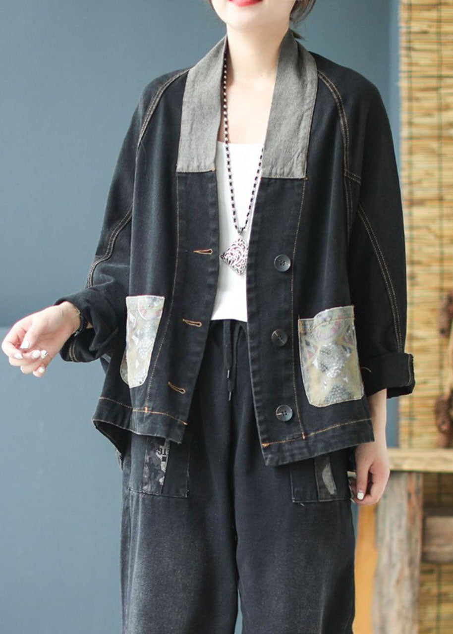 Casual Blue Pockets Button Patchwork Print Fall Denim Long sleeve Coat