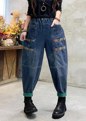 Casual Blue Pockets Patchwork Applique Denim Harem Pants