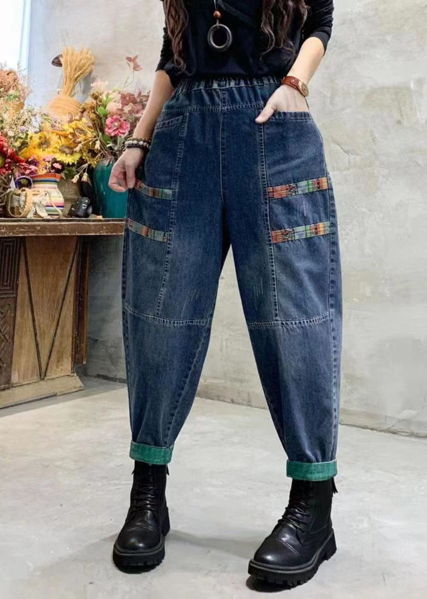 Casual Blue Pockets Patchwork Applique Denim Harem Pants