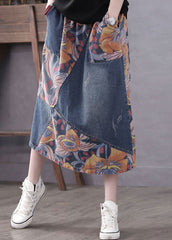 Casual Blue Pockets Patchwork Print A Line Fall Denim Skirts