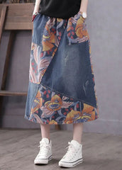 Casual Blue Pockets Patchwork Print A Line Fall Denim Skirts