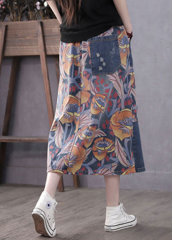 Casual Blue Pockets Patchwork Print A Line Fall Denim Skirts