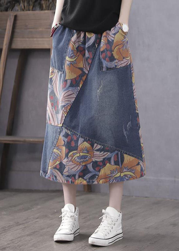 Casual Blue Pockets Print Patchwork Elastic Waist Denim Skirt