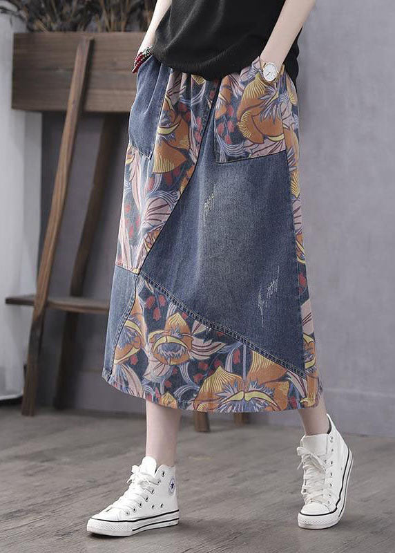 Casual Blue Pockets Print Patchwork Elastic Waist Denim Skirt