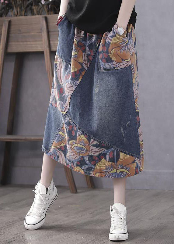 Casual Blue Pockets Print Patchwork Elastic Waist Denim Skirt