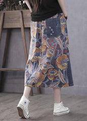 Casual Blue Pockets Print Patchwork Elastic Waist Denim Skirt