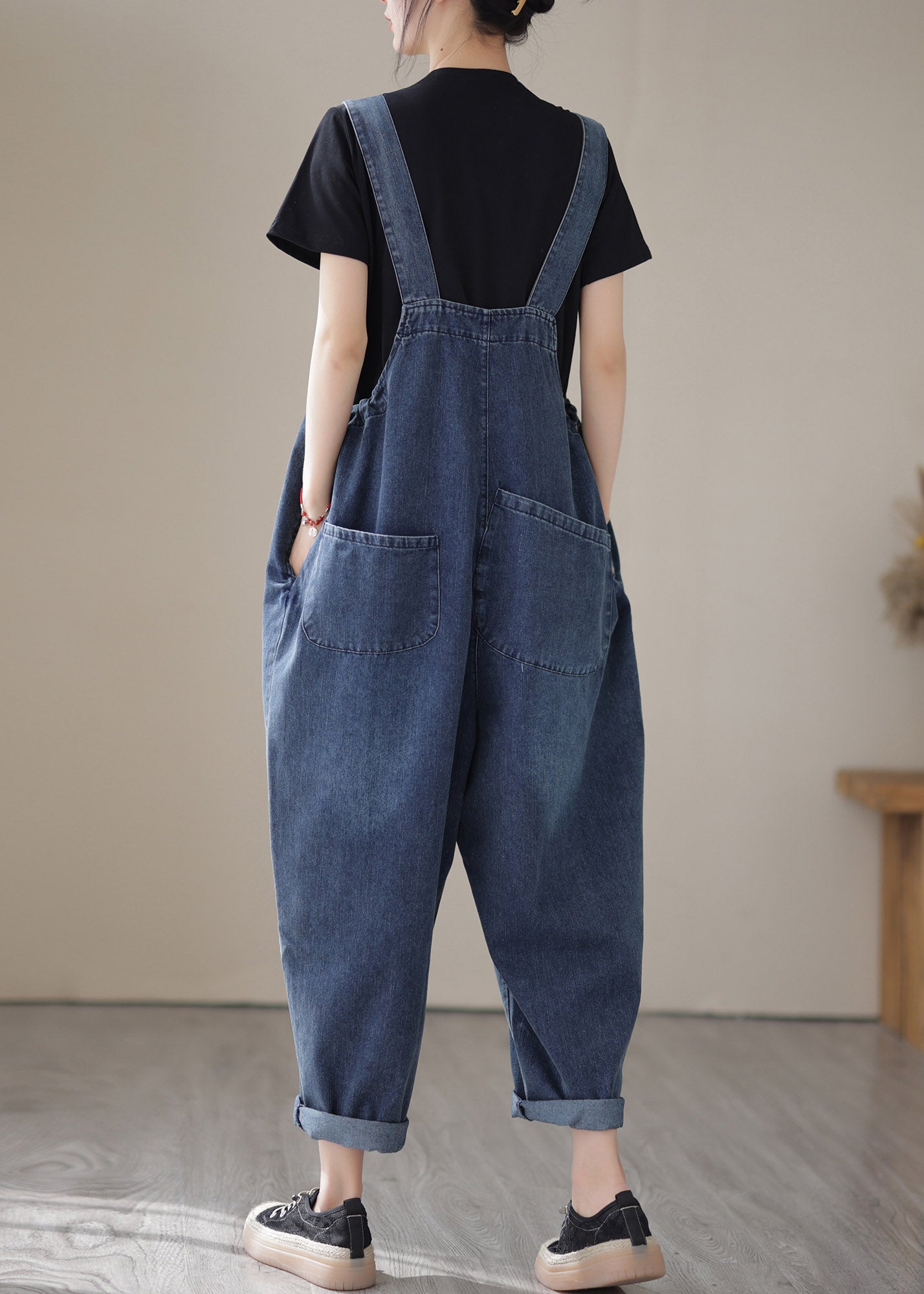 Casual Blue Slash Neck Patchwork Button Denim Jumpsuit