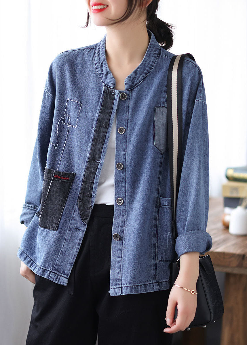 Casual Blue Stand Collar Patchwork Button Denim Coats