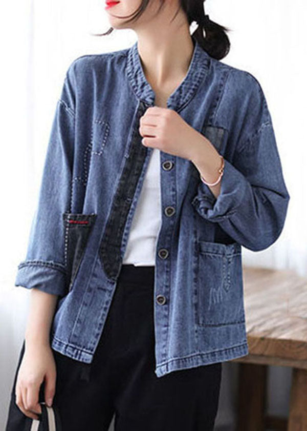 Casual Blue Stand Collar Patchwork Button Denim Coats