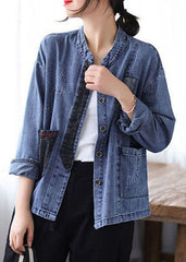 Casual Blue Stand Collar Patchwork Button Denim Coats