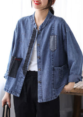 Casual Blue Stand Collar Patchwork Button Denim Coats