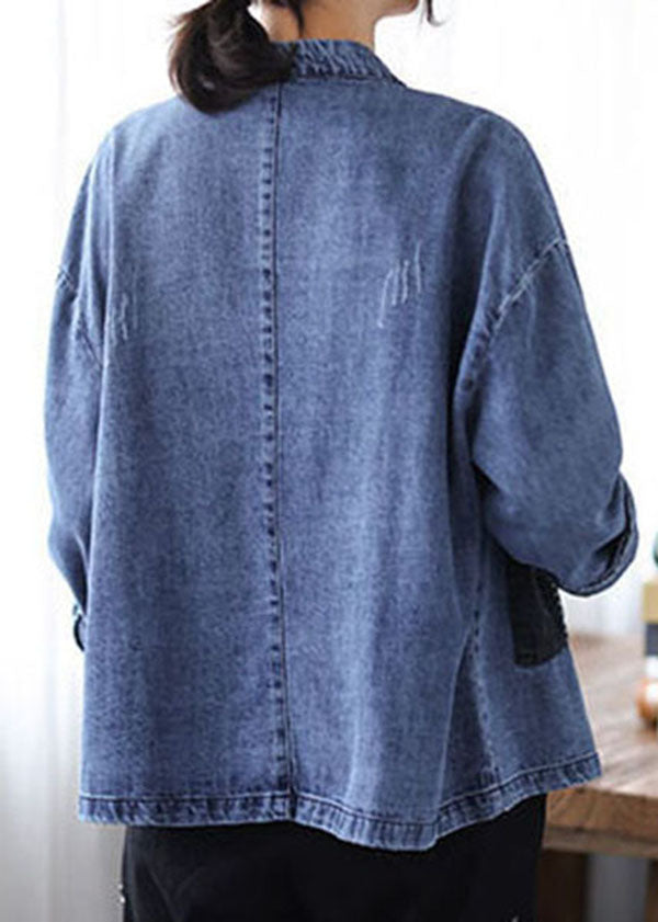 Casual Blue Stand Collar Patchwork Button Denim Coats