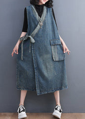 Casual Blue V Neck Asymmetrical Patchwork Tie Waist Denim Long Dresses Sleeveless