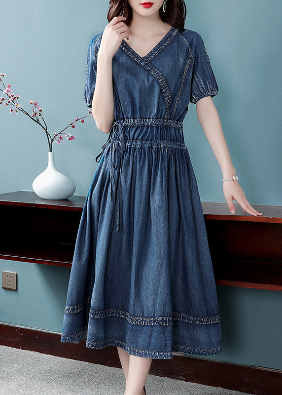 Casual Blue V Neck Patchwork Cotton Denim Pleated Cinch Dress Short Sleeve