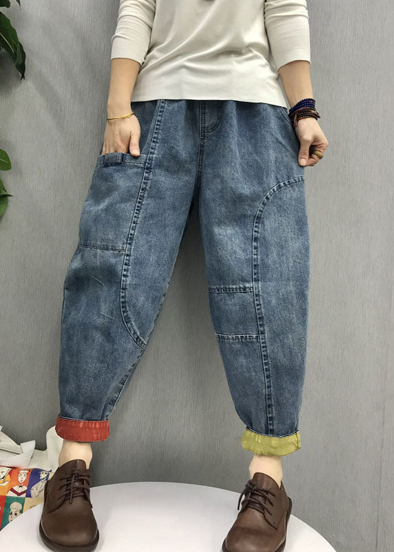 Casual Blue elastic waist Pockets denim Pants