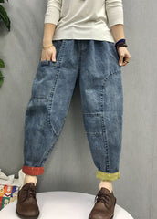 Casual Blue elastic waist Pockets denim Pants