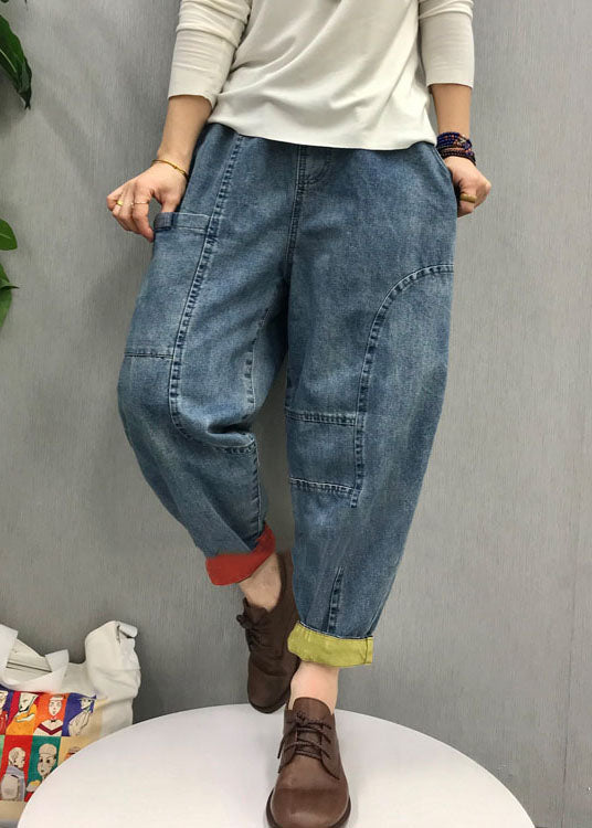 Casual Blue elastic waist Pockets denim Pants