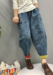 Casual Blue elastic waist Pockets denim Pants