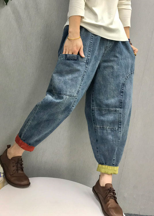 Casual Blue elastic waist Pockets denim Pants