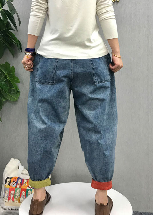 Casual Blue elastic waist Pockets denim Pants